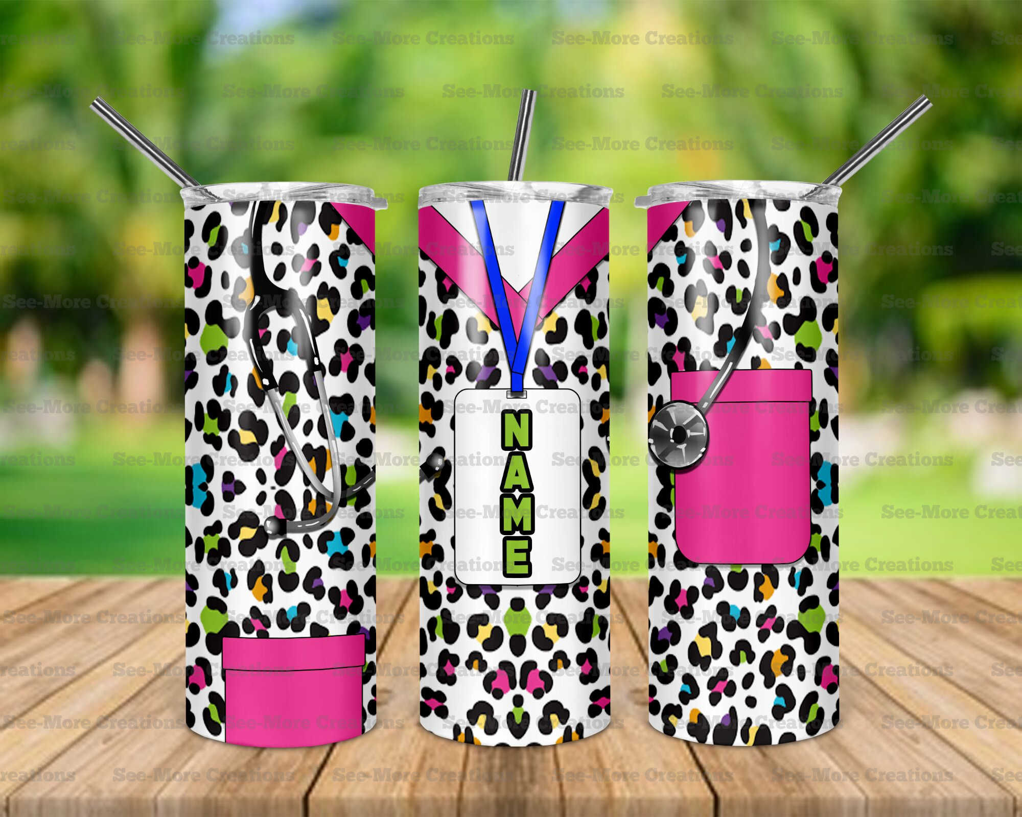 Colorful Leopard Scrubs #3 Personalize With Name Skinny Tumblers