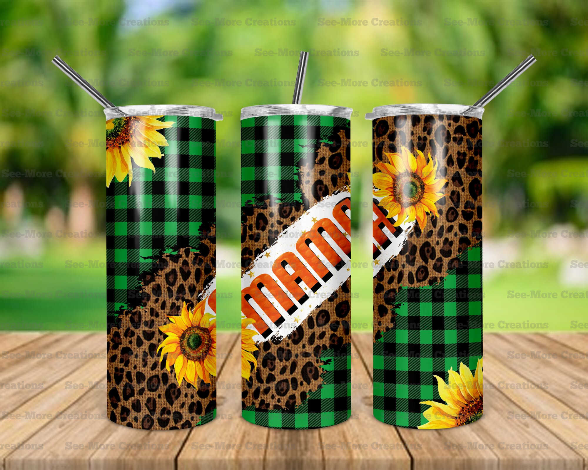Mama #141 Sunflowers Leopard Print Green Plaid Skinny Tumbler