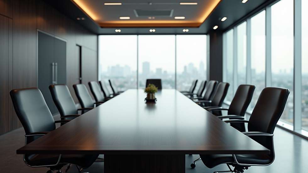 High angle view of a modern conference room with a focus on a large table