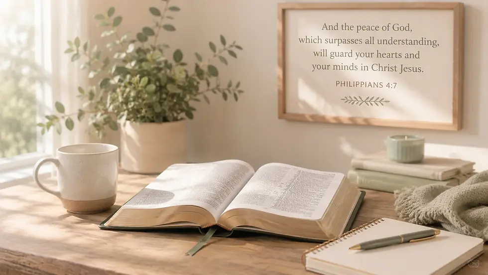 Open Bible, notebook, and coffee mug on a sunlit wooden desk beneath a framed Philippians 4:7 verse in soft neutral colors