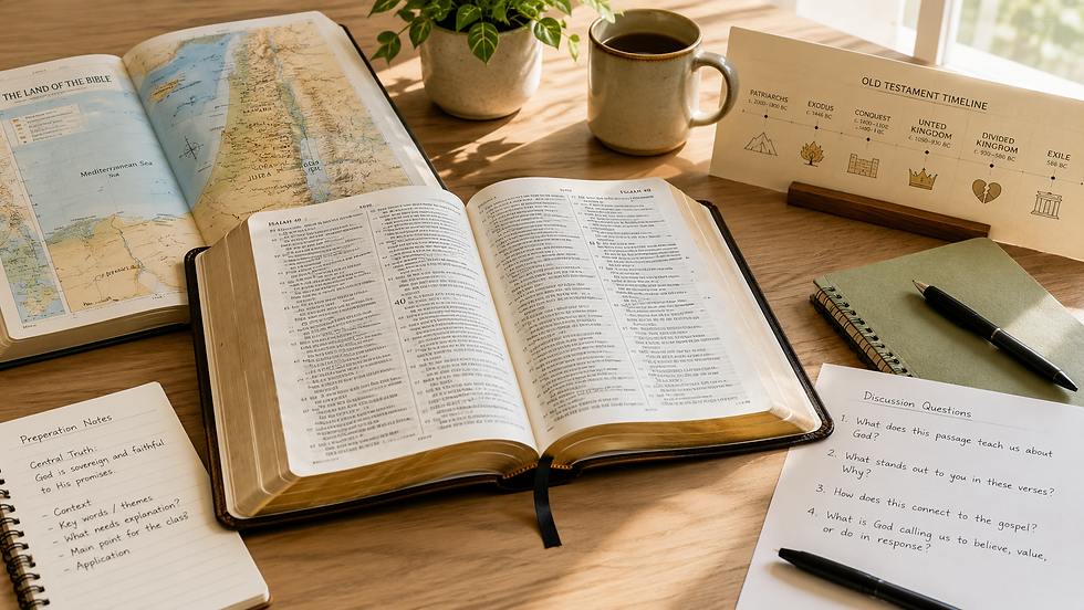 Open Bible with maps, timeline, preparation notes, and discussion questions representing Explore the Bible leader extras
