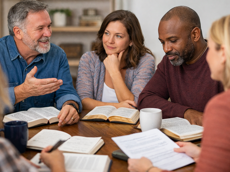 Adult Bible study group discussing Scripture with open Bibles around a table