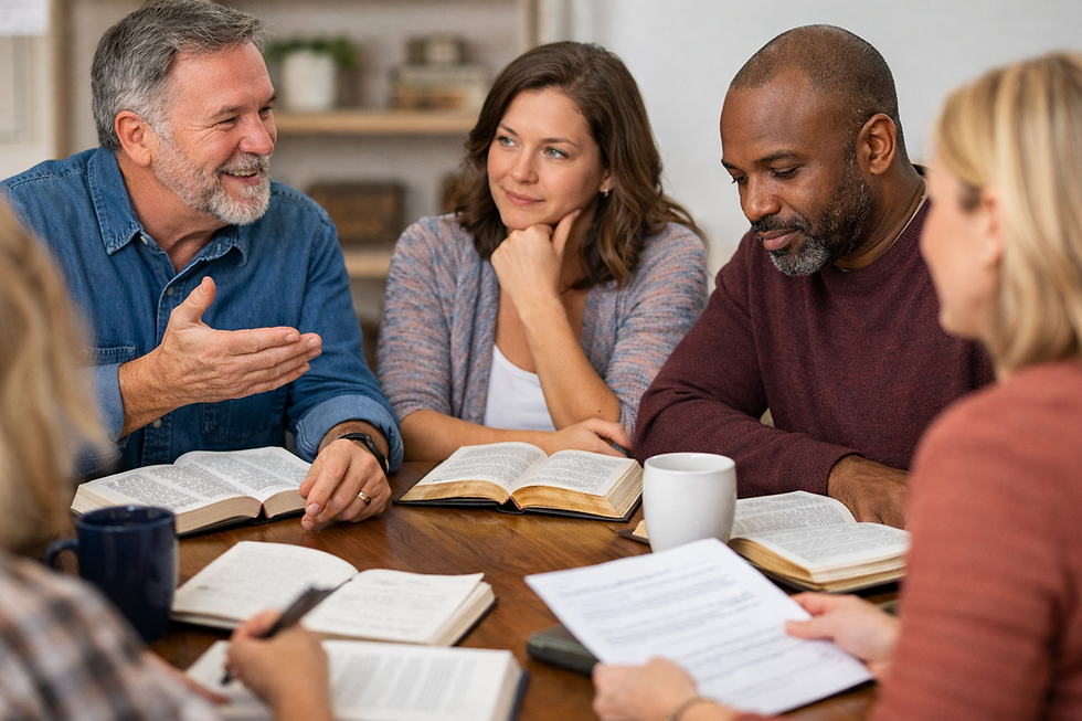 Adult Bible study group discussing Scripture with open Bibles around a table