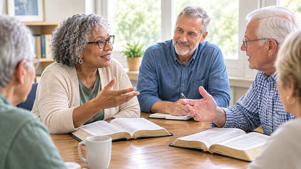 Adults discussing an open Bible together during a Bible Studies for Life Sunday School class