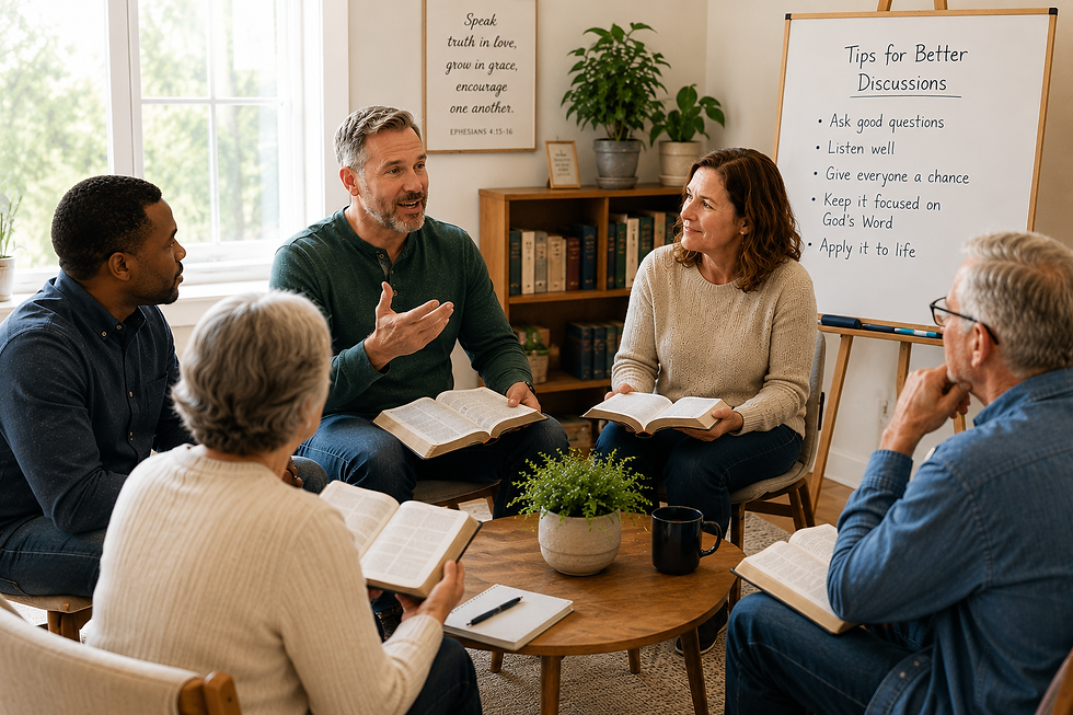 Sunday School teacher facilitating an adult Bible discussion as class members follow along in open Bibles.