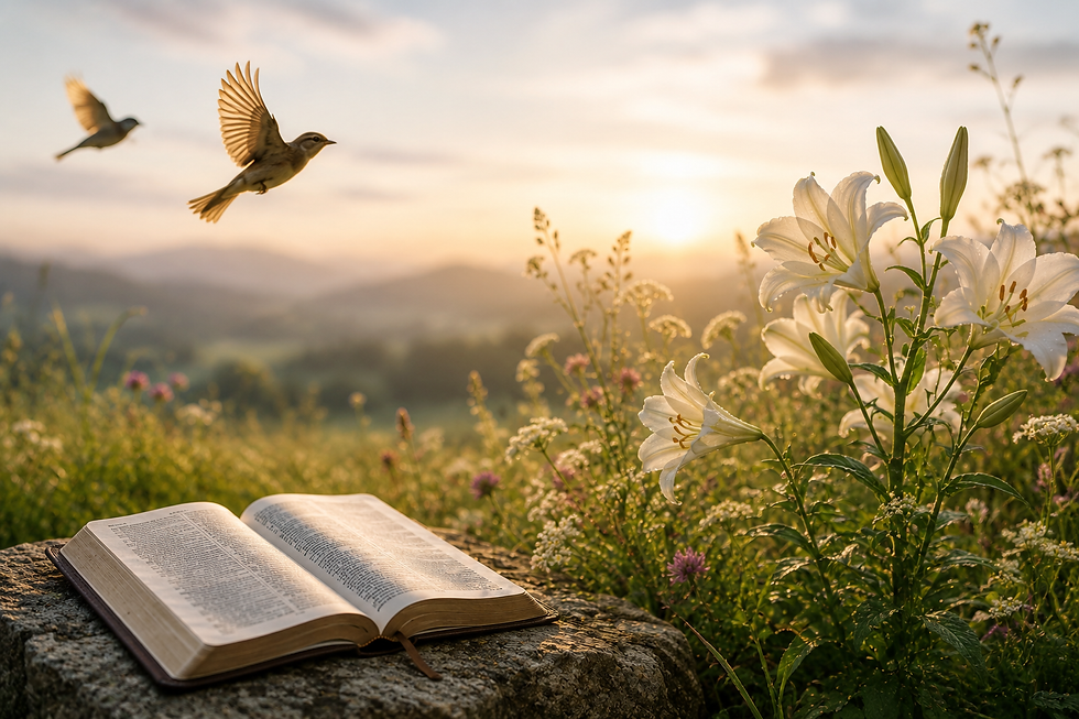 Birds flying above lilies in a sunlit meadow beside an open Bible, symbolizing God's provision and care in Matthew 6.