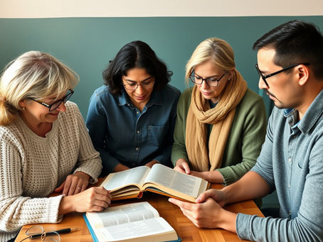 Adult Sunday School class discussing Scripture with open Bibles and a discussion guide worksheet