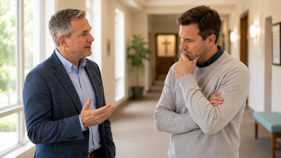 A pastor speaking with a church member in a church hallway before worship as the member thoughtfully considers an invitation to teach an adult Bible class.