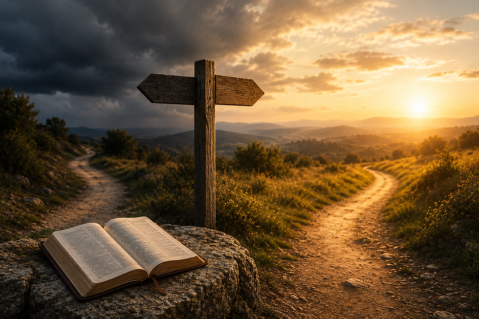 A fork in a countryside path at sunset, with one route leading toward storm clouds and another toward sunlight, symbolizing trust and uncertainty.