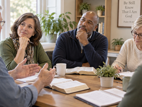 Adults discussing Thanksgiving Bible study questions around a table with open Bibles
