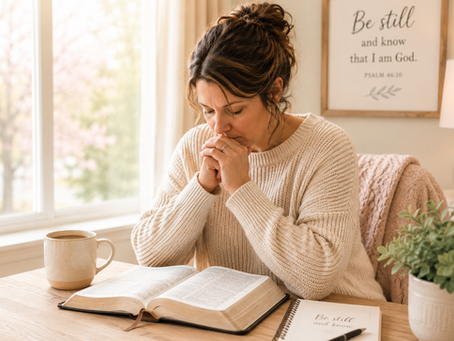 Woman praying beside an open Bible in a softly lit room with warm pastel tones and natural daylight