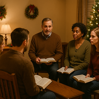 Adult Sunday School class in a warmly decorated room discussing Bible questions together during the holiday season