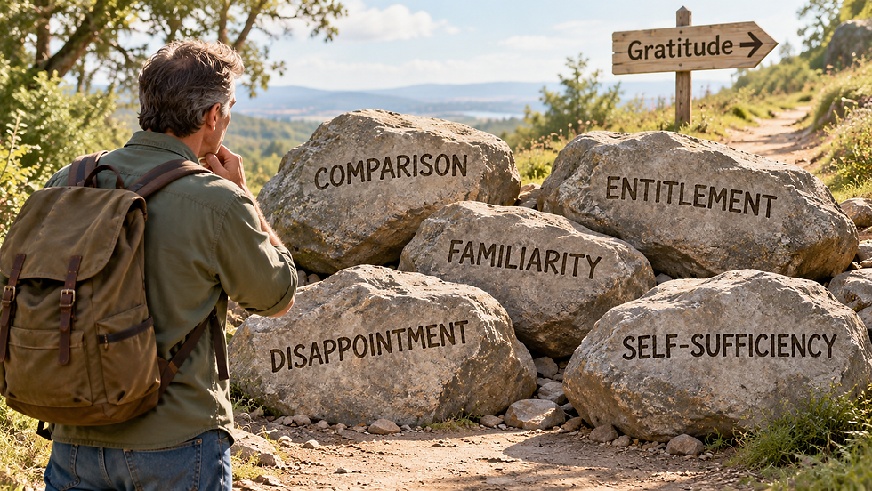 Five obstacles blocking the path to gratitude in a gratitude Bible study illustration