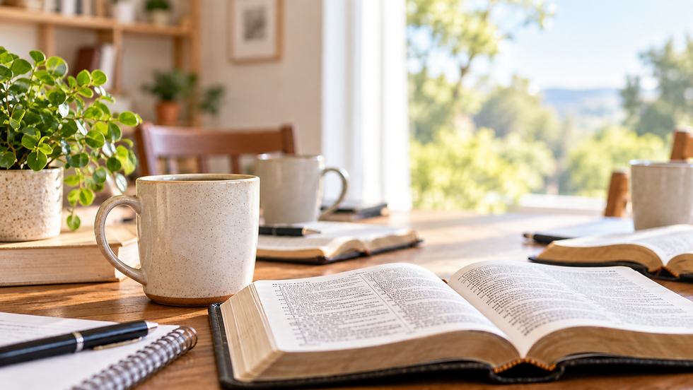 Open Bibles and study materials prepared for an adult Bible discussion