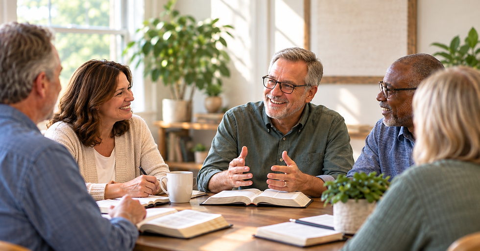 Adults discussing the Bible together in an adult Sunday School class