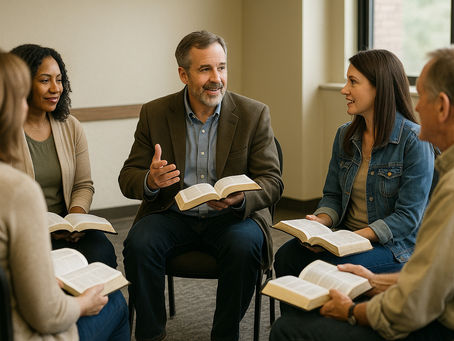 Adult Bible Class discussing this week's scripture verses.