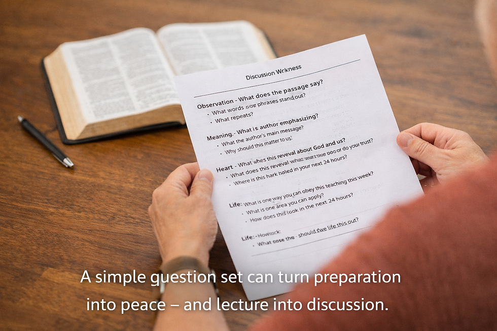 Adult Sunday School teacher using a discussion worksheet to guide Bible study conversation