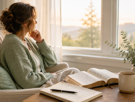 A thoughtful Christian sitting near a window with an open Bible and journal, reflecting on faith and anxiety in soft morning light.