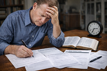 Adult Sunday School teacher preparing a lesson with Bible study printable worksheets and open Bible on table