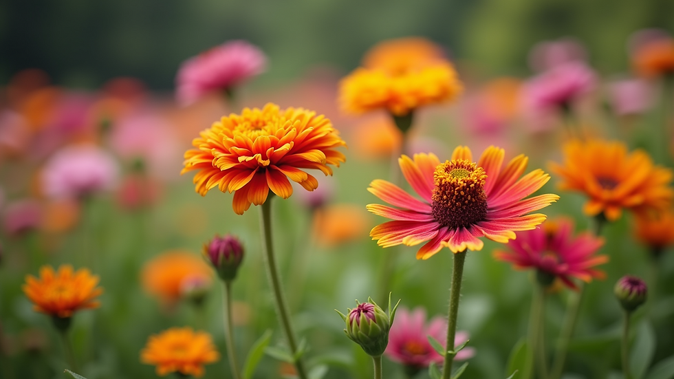 Close-up view of a vibrant flower garden with various colorful blooms