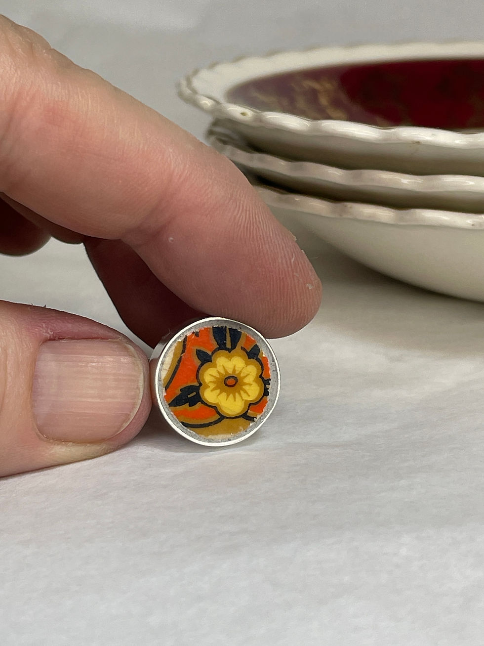 Thumbnail: Wedgwood and Co, "Orwell", vintage china oval earrings and small ring set