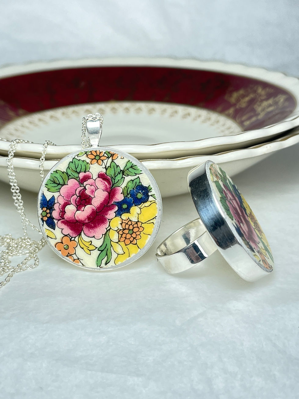 Thumbnail: Wedgwood and Co, 'Ivory', vintage china ring and pendant set