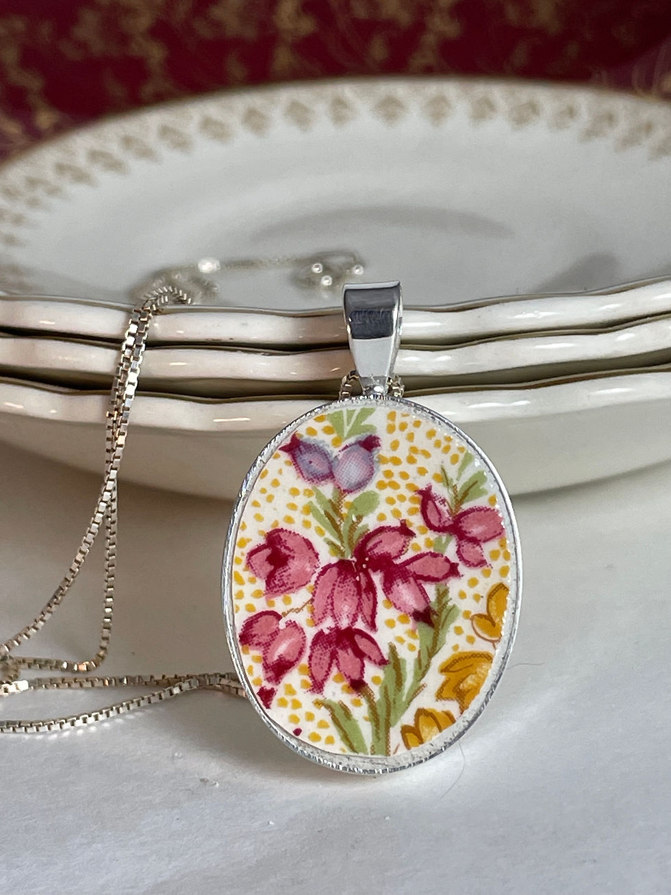 Elijah Cotton Co, Lord Nelson, 'Heather' vintage china, oval pendant