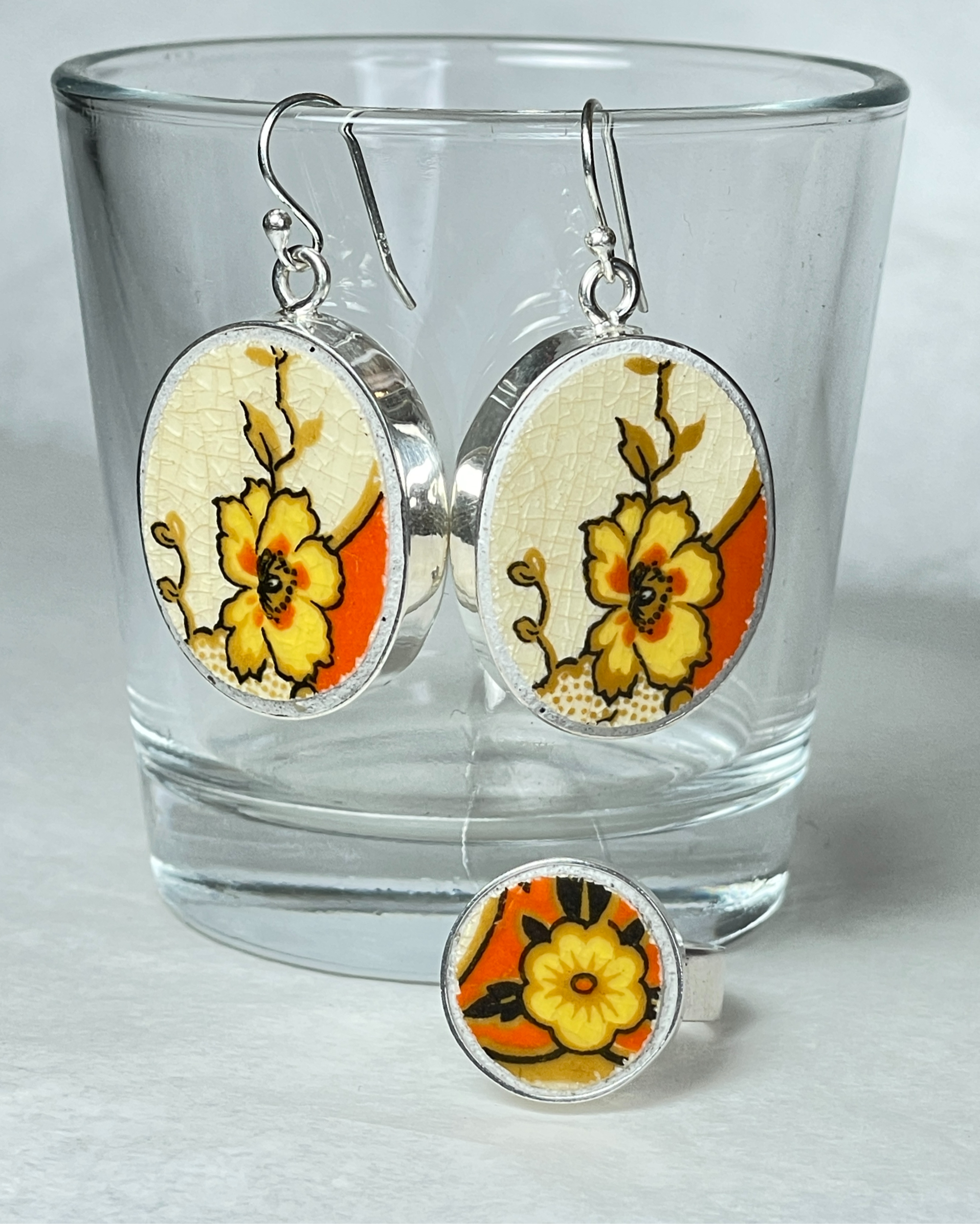 Wedgwood and Co, "Orwell", vintage china oval earrings and small ring set