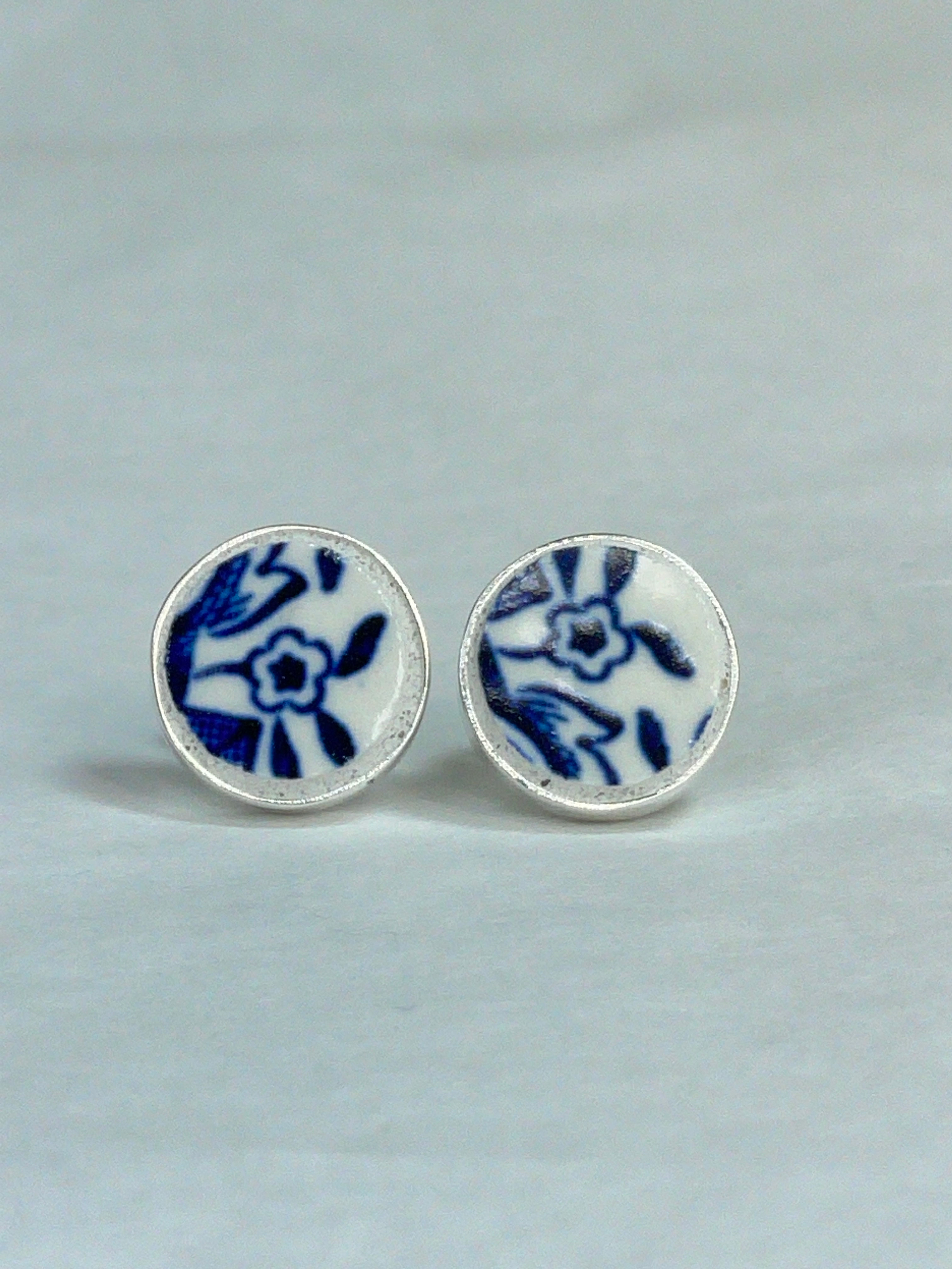 Blue and white Willow pattern stud earrings
