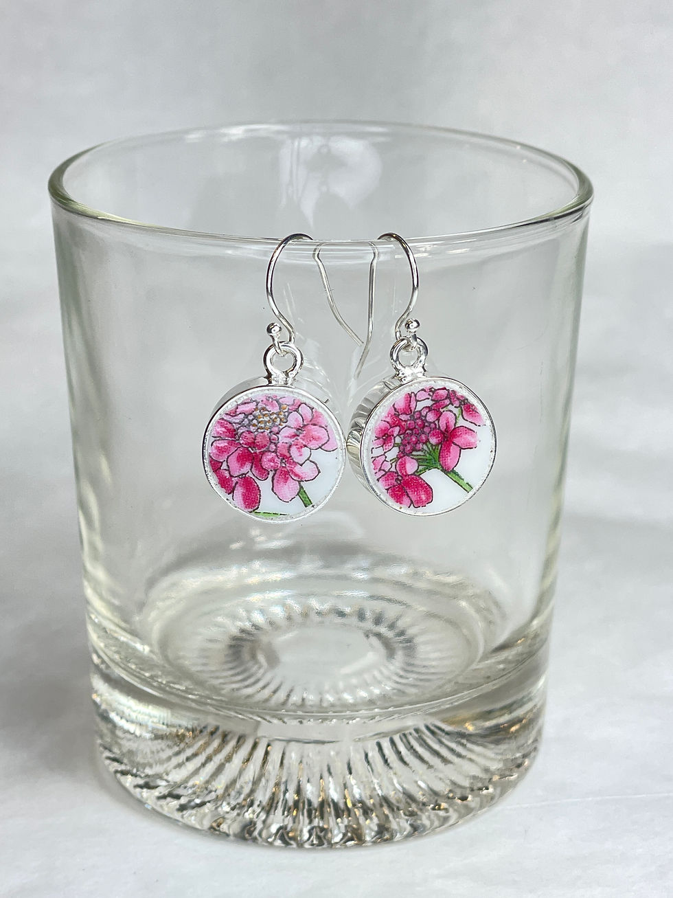 Thumbnail: small round earrings with hot pink flowers