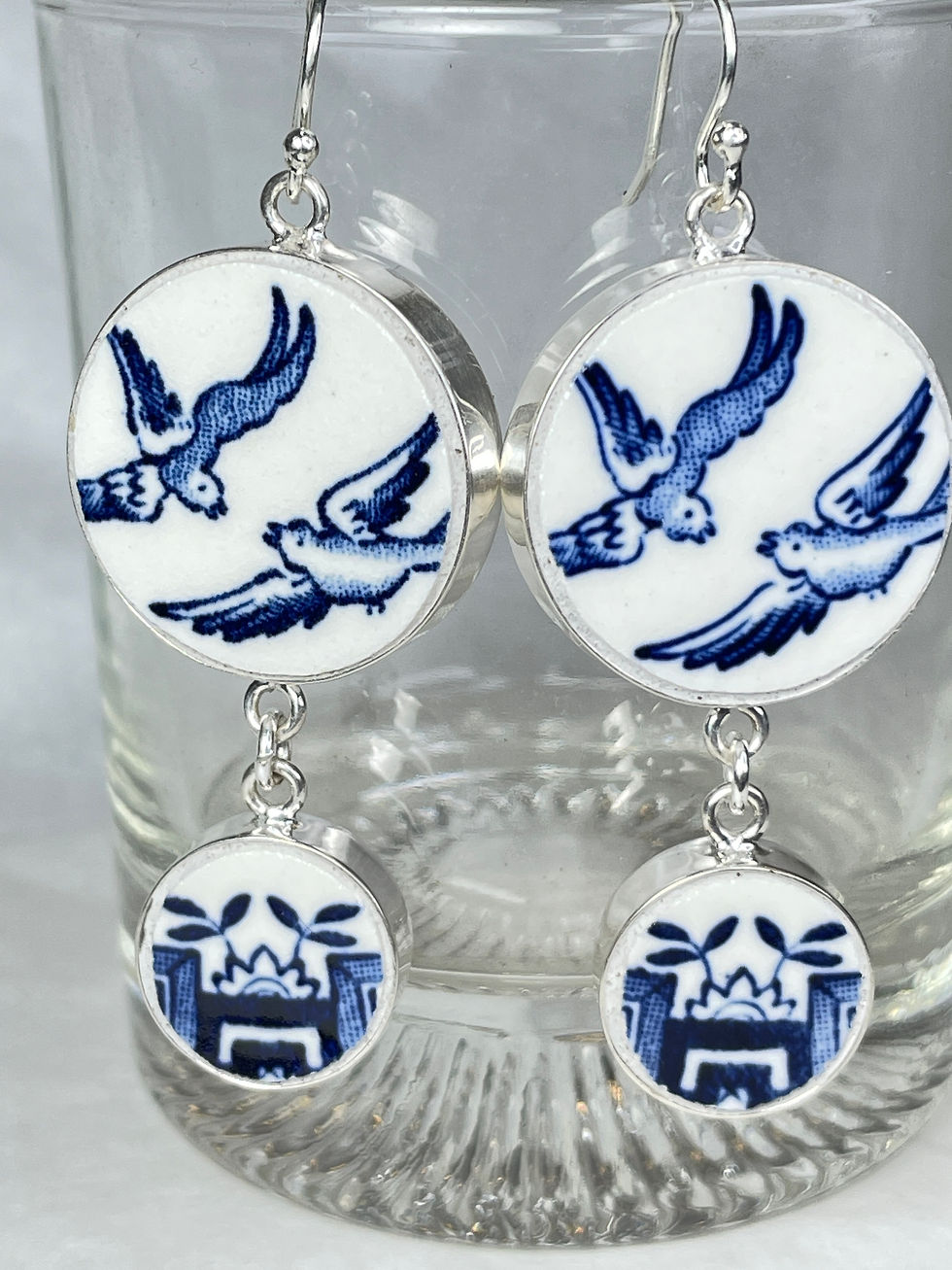 Thumbnail: Churchill 'Blue and white Willow Pattern' double-dangly vintage china earrings