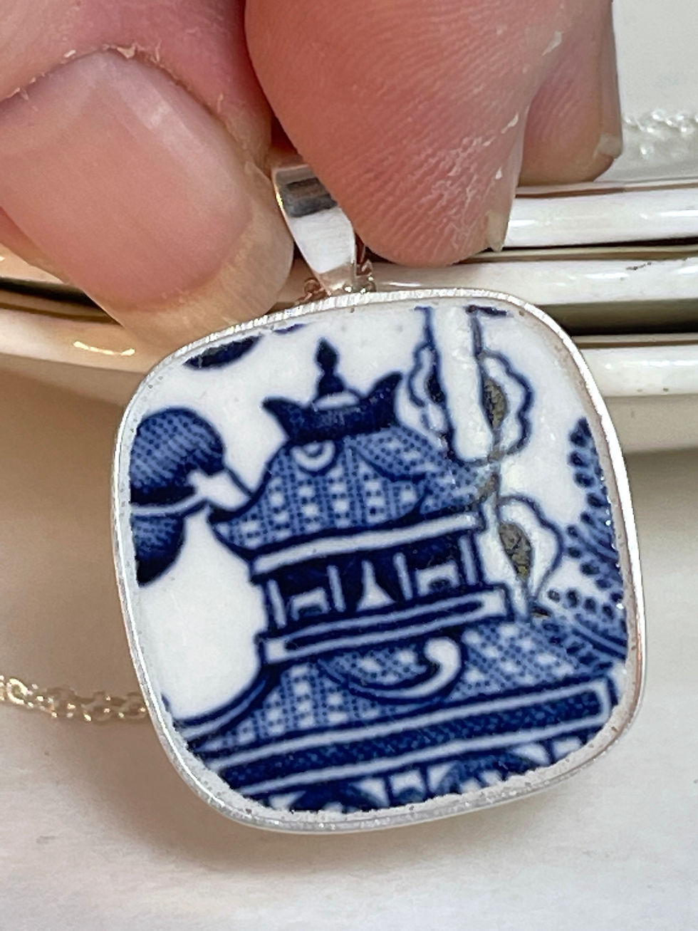 Thumbnail: Blue and white Willow Pattern, Churchill vintage china pendant
