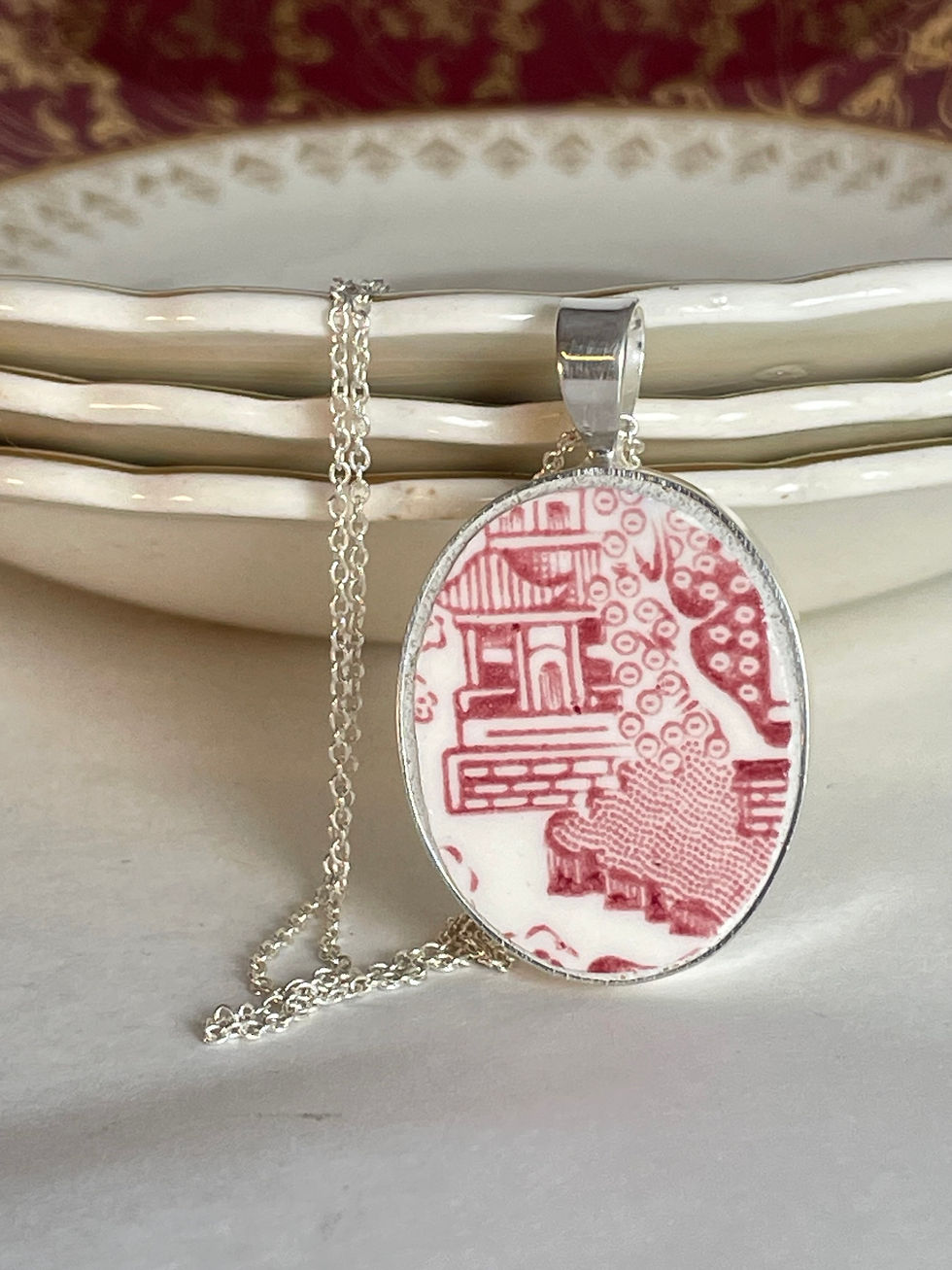 Churchill 'Rose Willow', pagoda, vintage china oval pendant