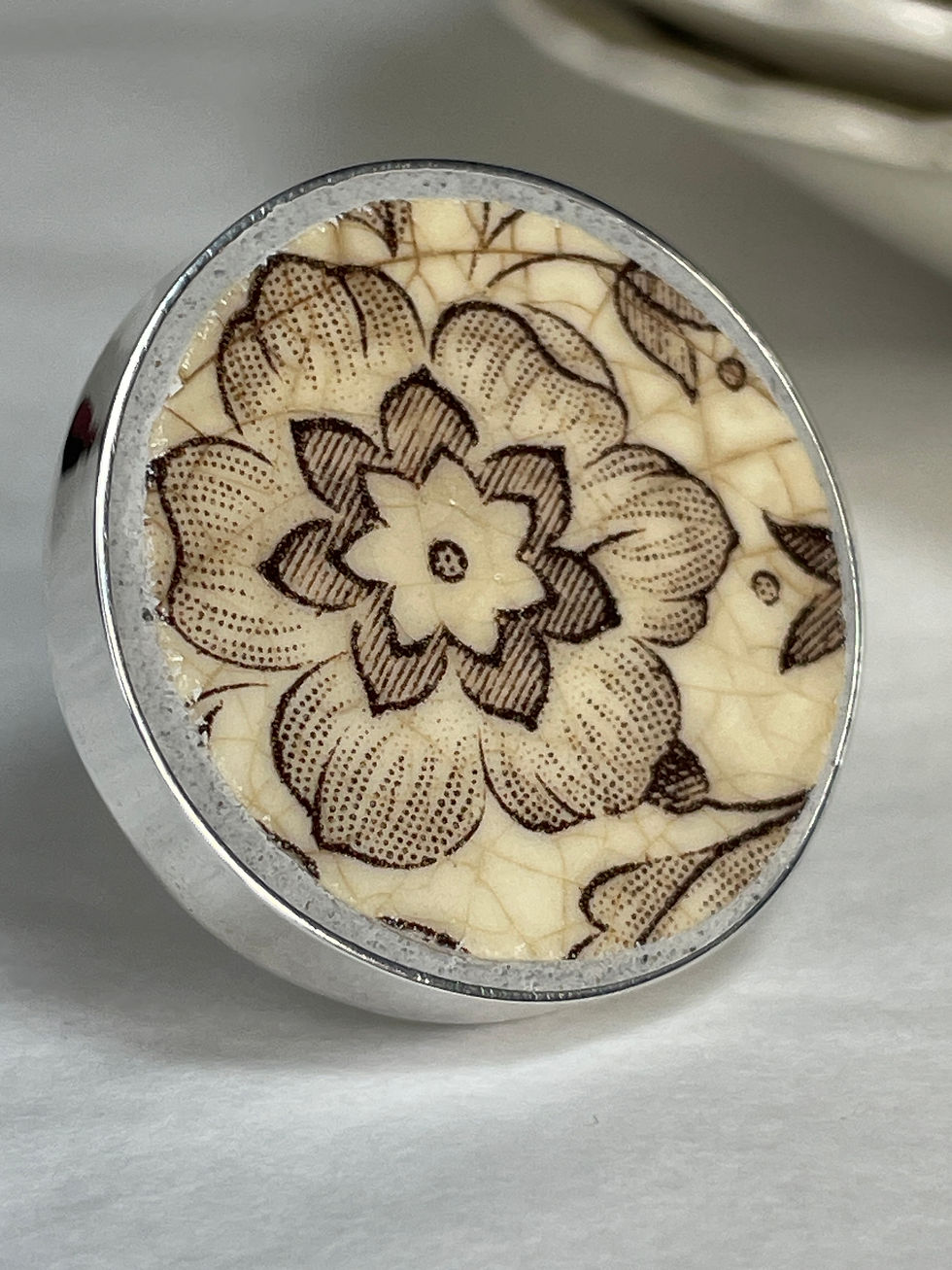 Thumbnail: Brown floral transferware, medium round vintage china ring