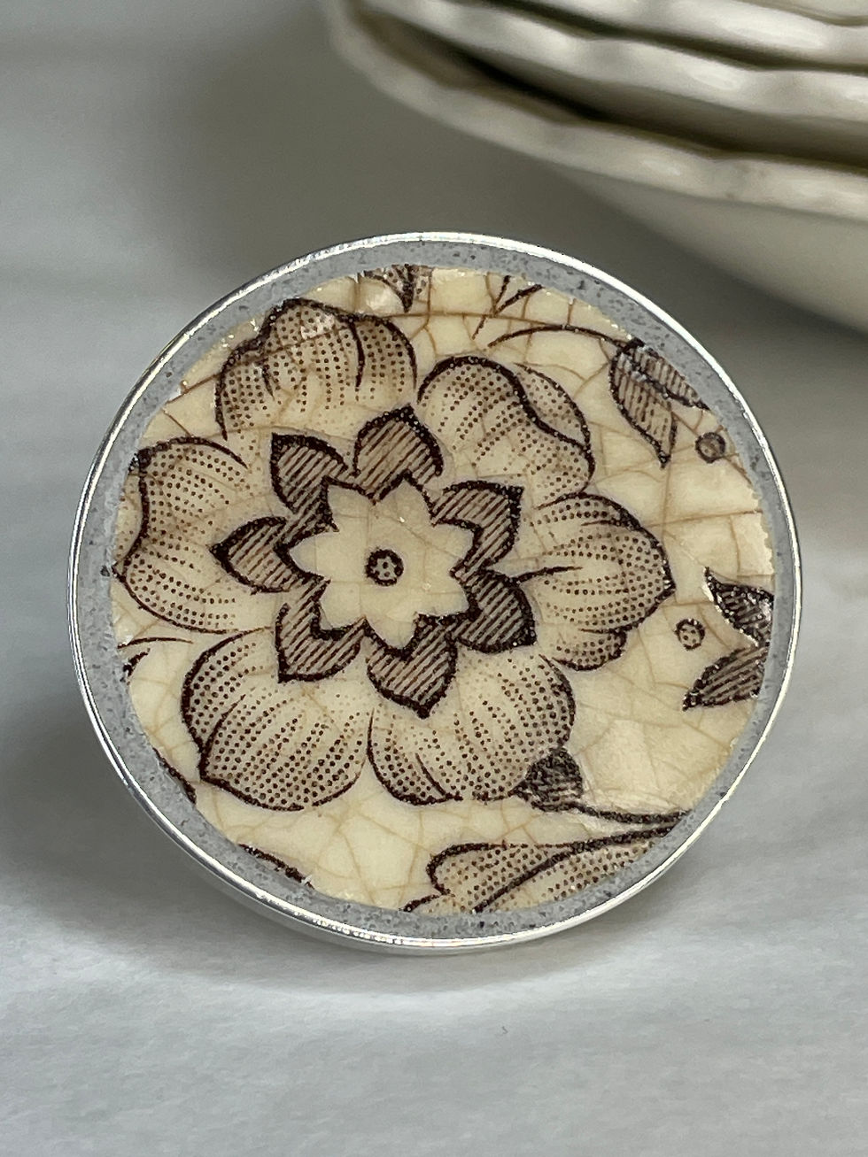 Brown floral transferware, medium round vintage china ring