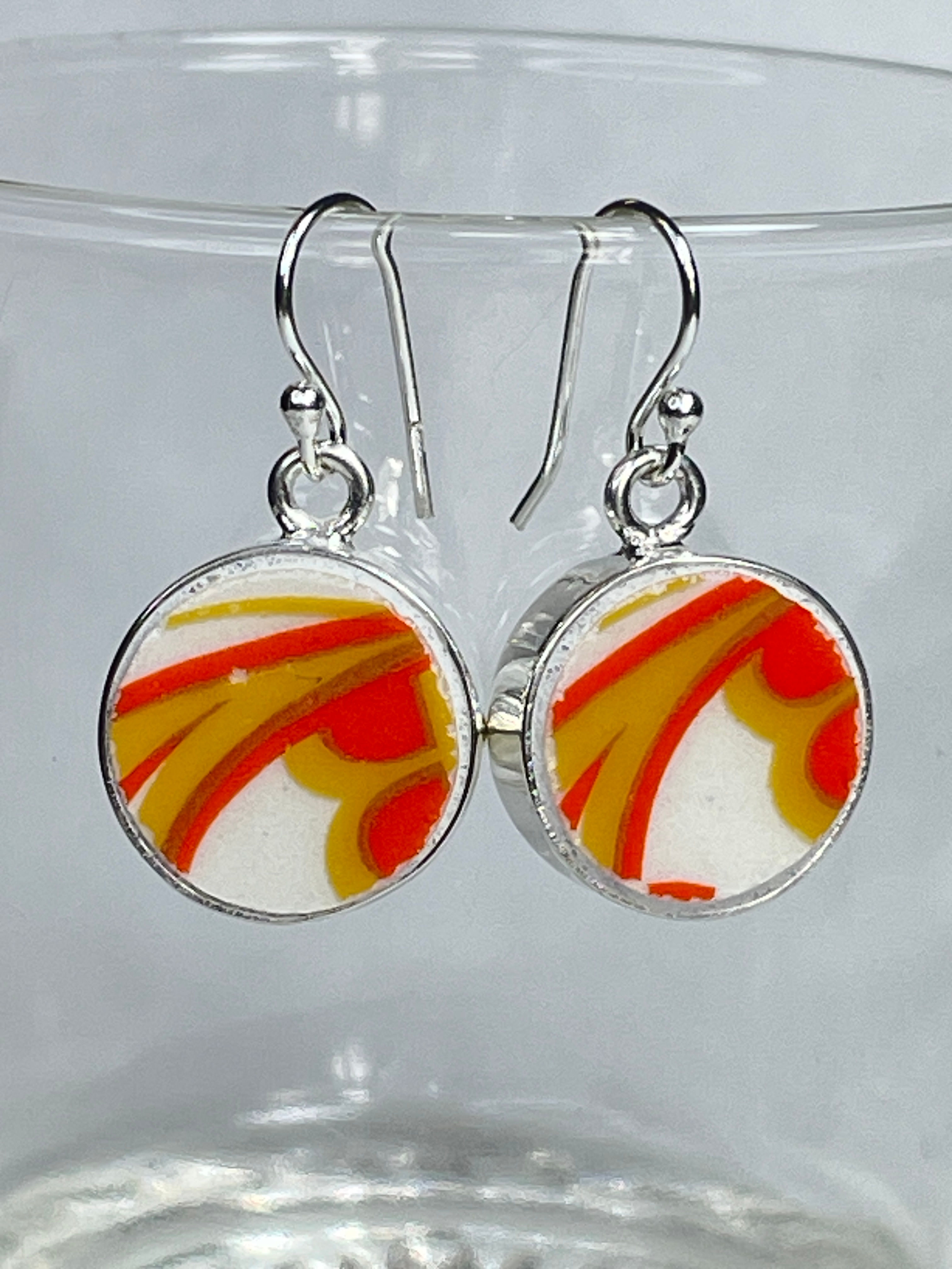 1960's funky orange small round, vintage china, drop earrings