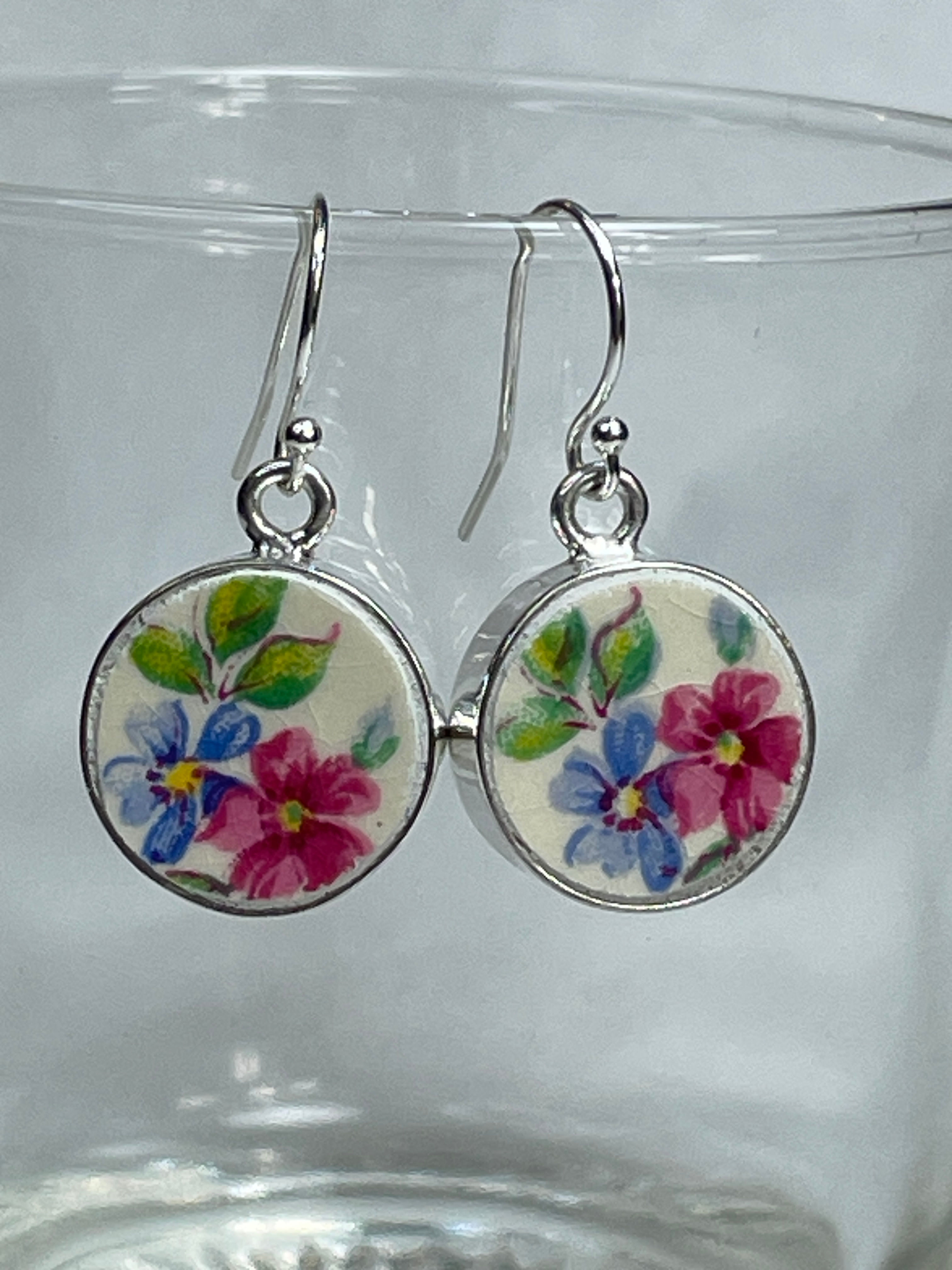 vintage china drop earrings with blue and pink flowers
