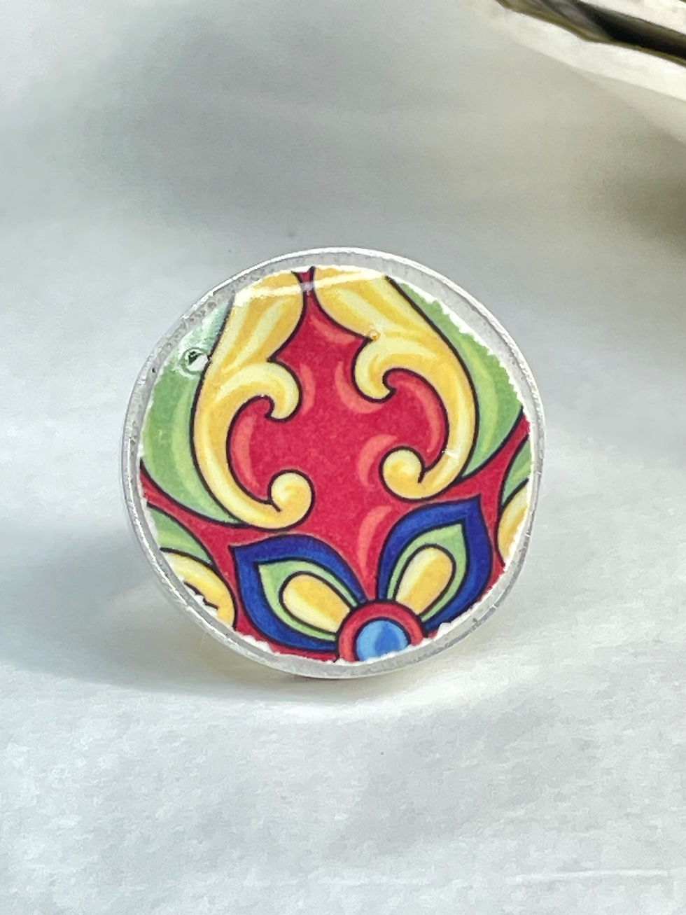 Thumbnail: Talavera Mexican tile crimson and green pendant and ring set