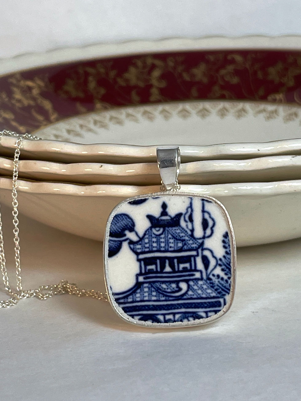 Churchill 'Blue and white Willow temple' vintage china square pendant