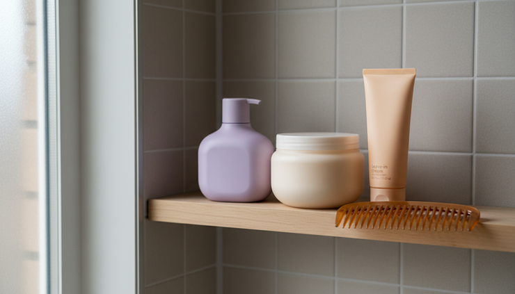 Eye-level view de uma prateleira com produtos para cabelo loiro