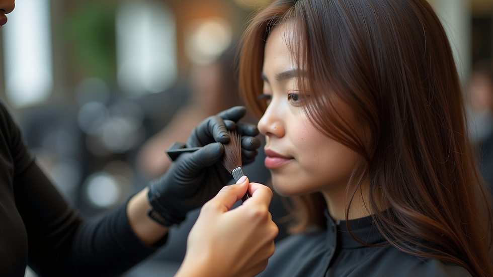 Close-up view of hairdresser applying hair color in a salon