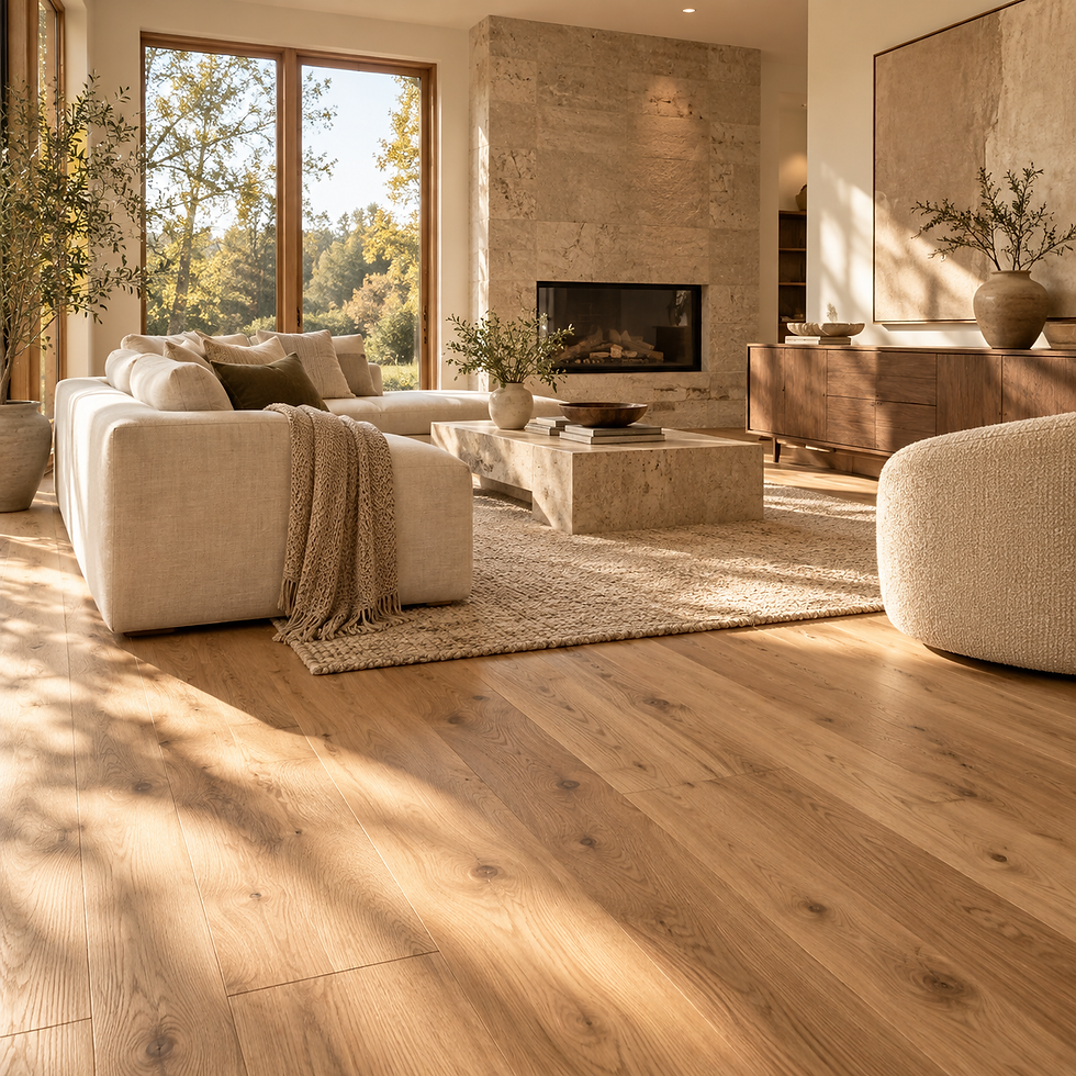 Salon lumineux avec plancher en bois et cheminée