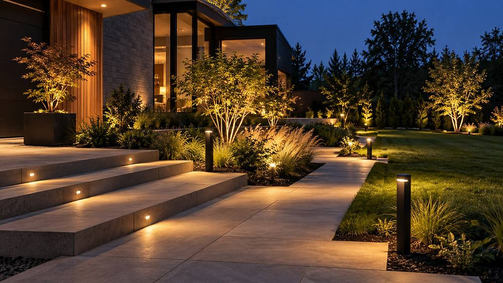 Éclairage extérieur moderne de jardin et escaliers de nuit.