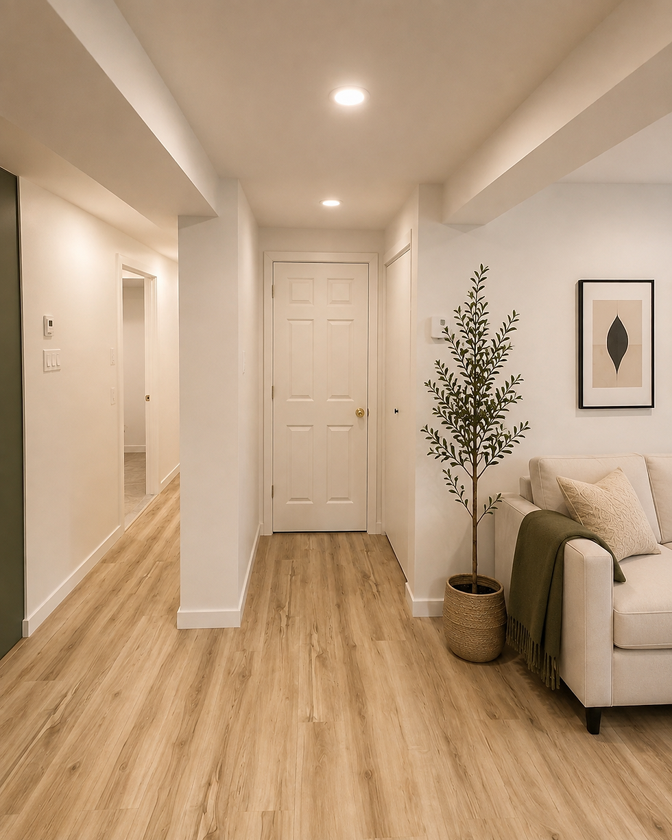 Couloir moderne avec plancher de bois et décor épuré.