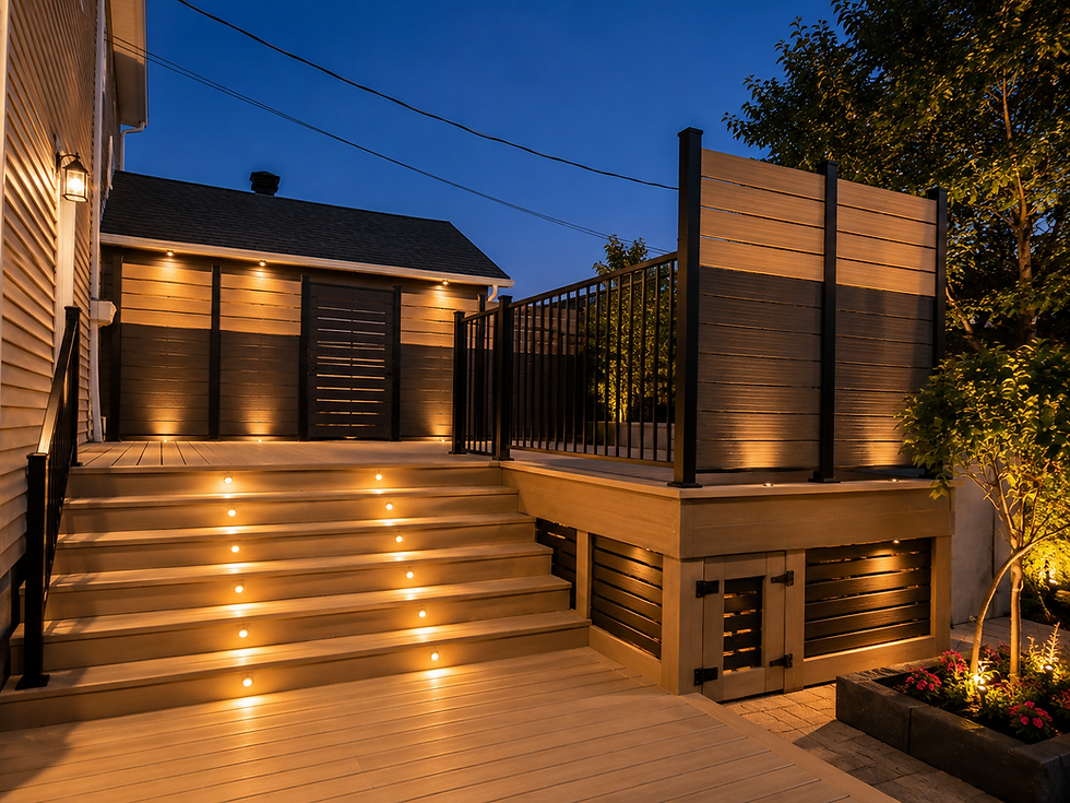 Patio avec rampes noires, escaliers éclairés et plates-bandes