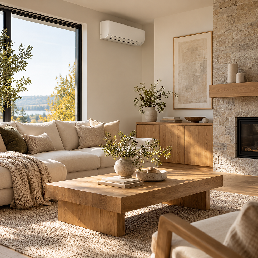 Salon moderne avec climatiseur mural et grandes fenêtres
