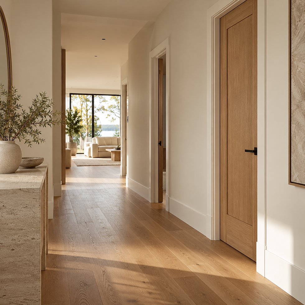 Couloir lumineux avec parquet en bois et portes assorties.