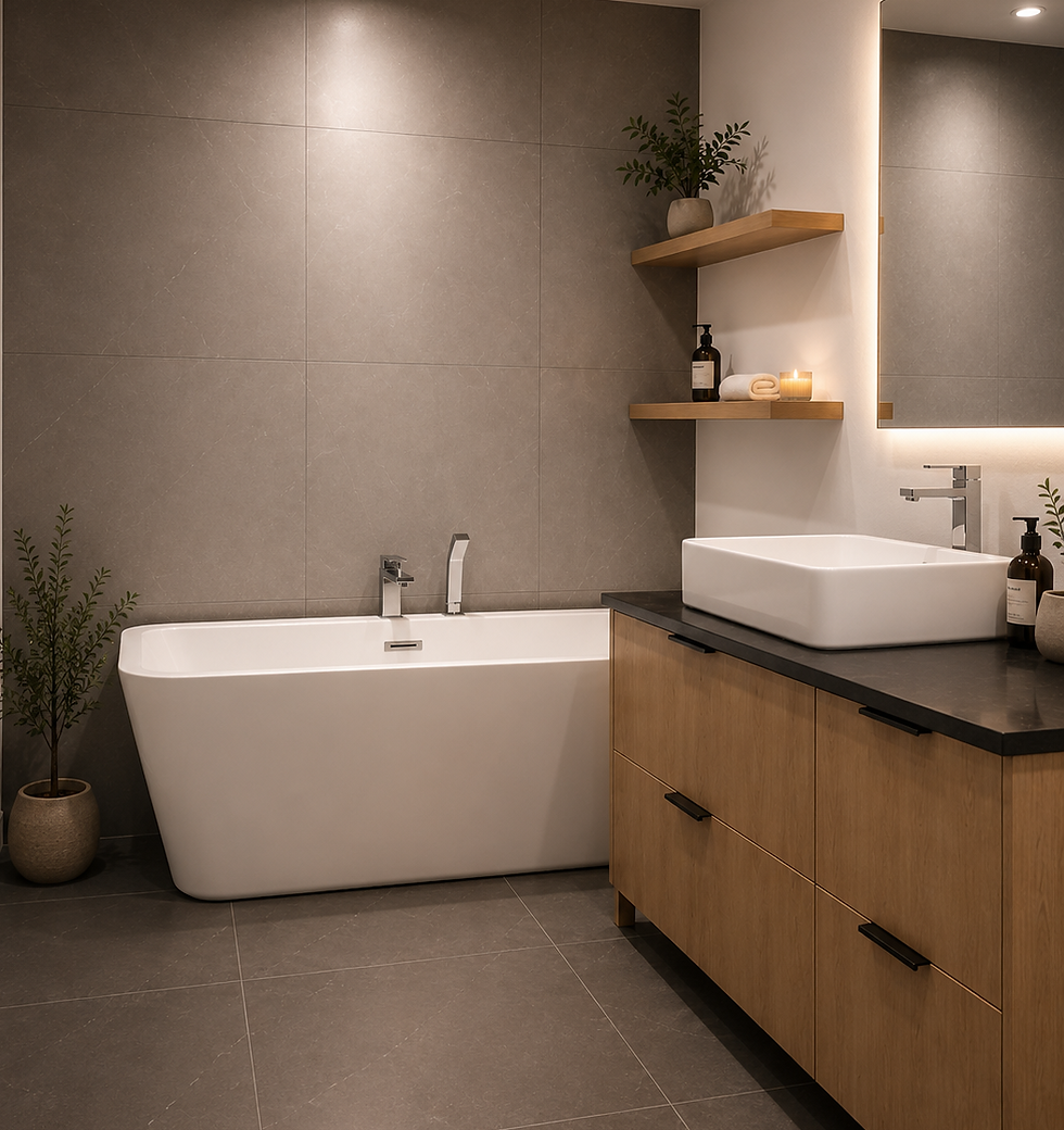 Salle de bain moderne avec baignoire et vanité en bois.