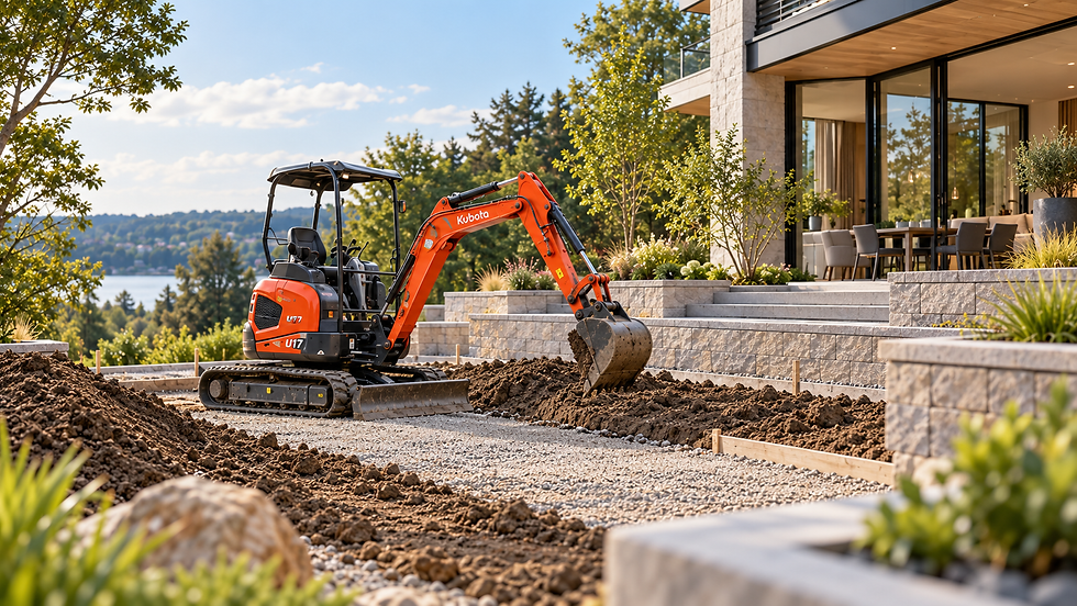 Mini-excavatrice sur un terrain résidentiel en cours de terrassement