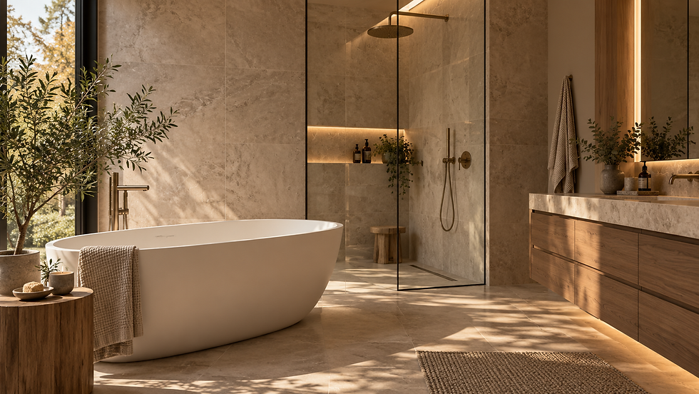 Salle de bain moderne avec baignoire îlot et douche vitrée